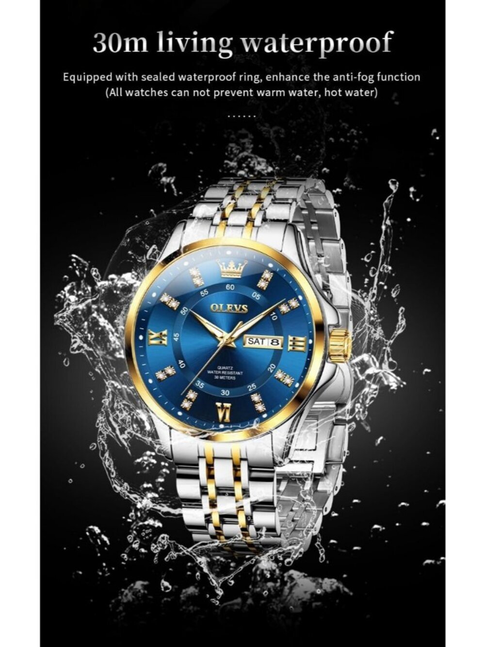 Men's Silver Blue Face Diamond Stainless Waterproof Luminous Analog Luxury Watch - Picture 5 of 6